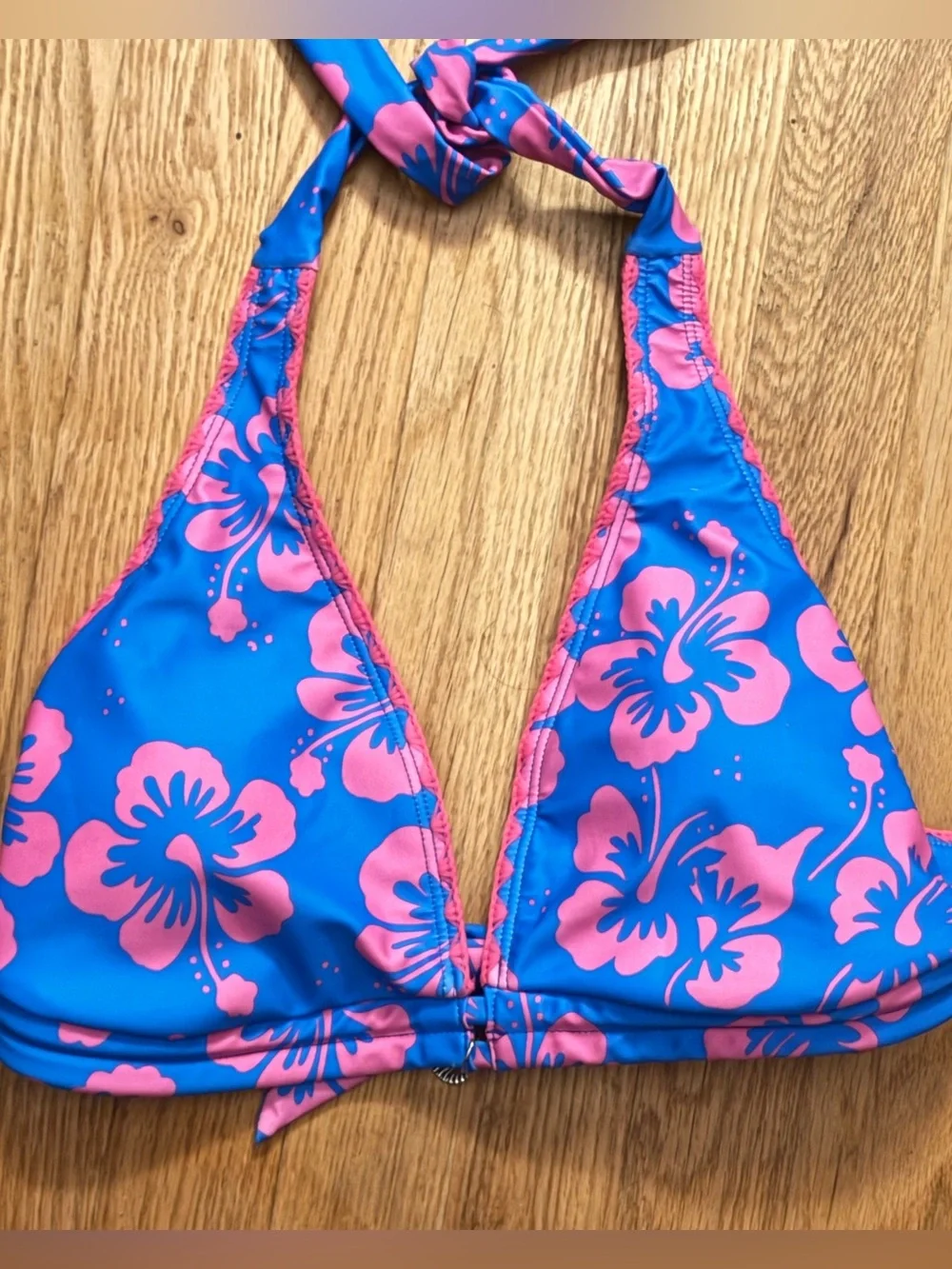 Halter Bikini Top in Blue with Pink Floral Print